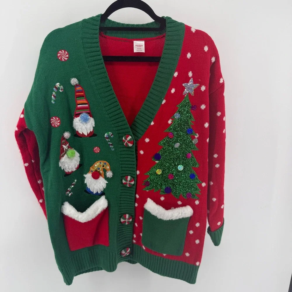 Holiday Time Womens Ugly Christmas Cardigan Sweater Gnomes Tree Red Green Small